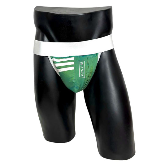 A green and white Adidas jockstrap with white elastic bands on the waist and sides, displayed on a mannequin.