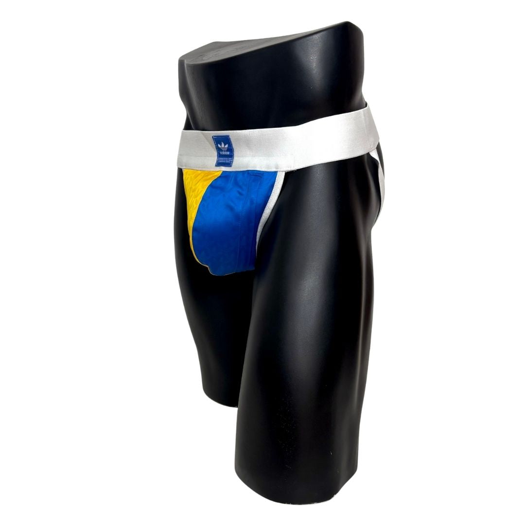 Adidas Glossy Logo All Over Blue and Yellow Pocket Jockstrap/Thong