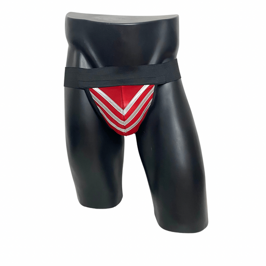 Adidas Chile 62 red and silver jockstrap on a mannequin, showcasing the product's design and fit.