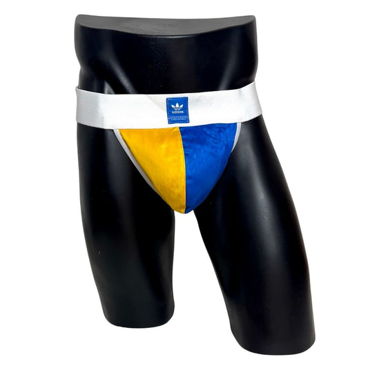 Adidas Glossy Logo All Over Blue and Yellow Pocket Jockstrap/Thong