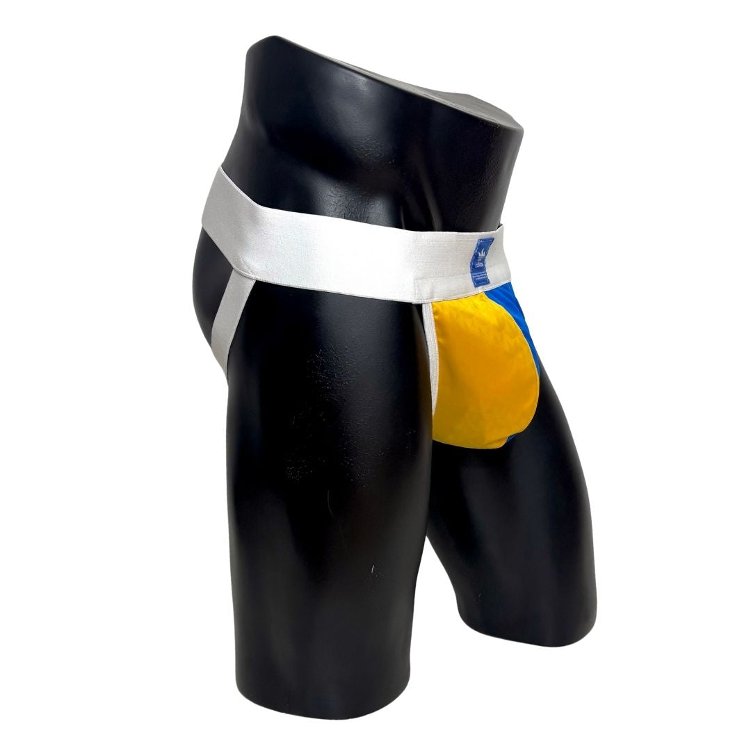 Adidas Glossy Logo All Over Blue and Yellow Pocket Jockstrap/Thong
