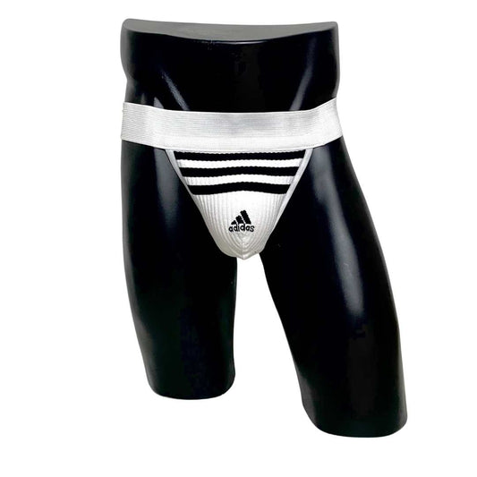 A jockstrap made from up-cycled white Adidas socks, featuring the brand's iconic three stripes.