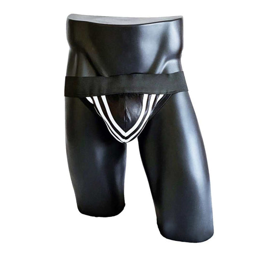 A black Adidas Chile 62 jockstrap with premium quality elastic bands around the waist and on the side, displayed on a mannequin.